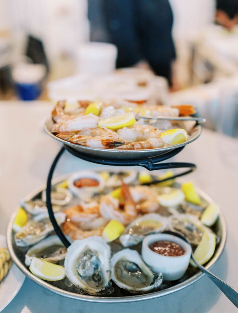 A seafood tower on a table